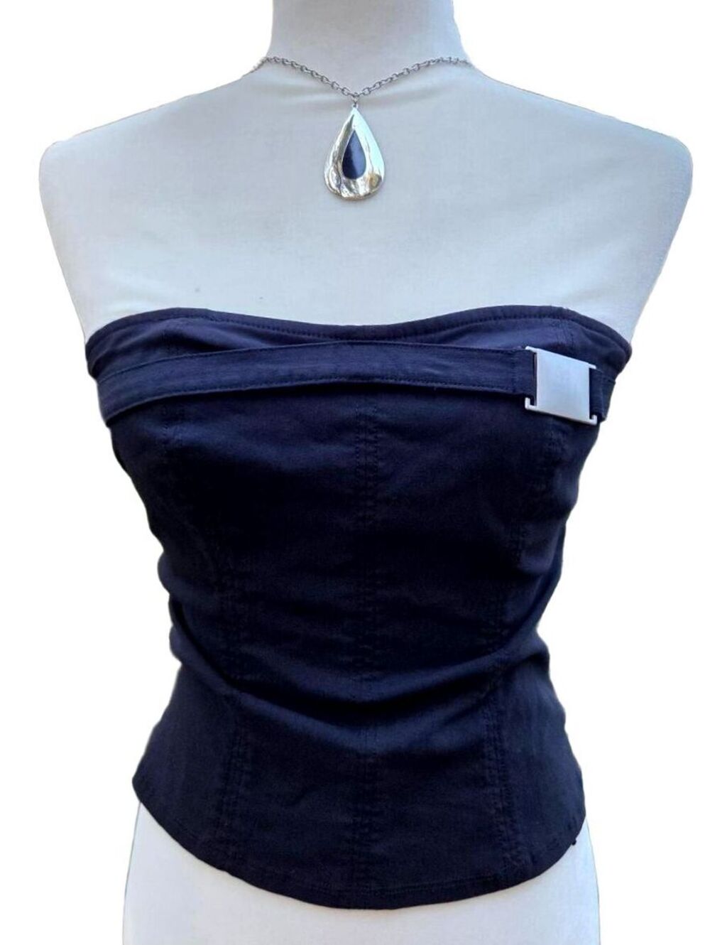 Y2K Goth Silence + Noise Black Corset Tube Top with Silver Buckle & Chain M
